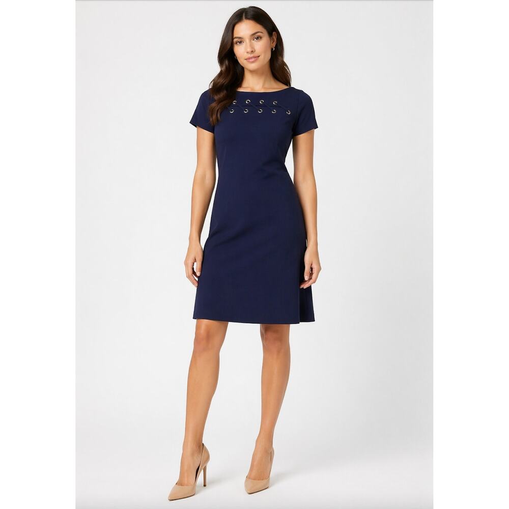 Chiara Boni Rosario Navy Sheath‎ Dress Grommet Lace Up 8